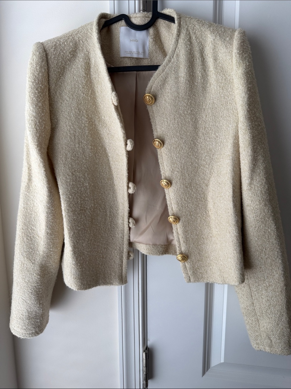 Mango Cream Bouclé Collarless Jacket with Gold Buttons